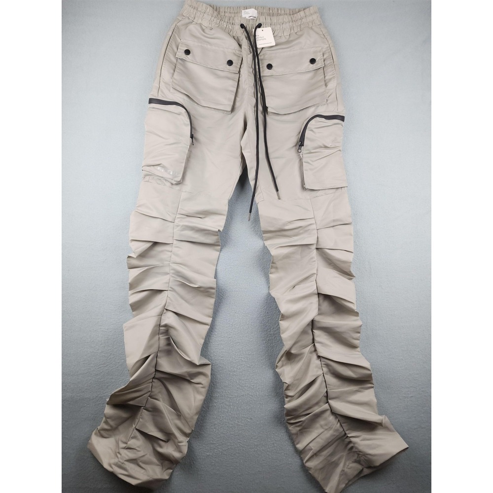 EPTM Pants Mens S 30x35 Beige Microfiber Cargo Stacked Ruched Elastic Waist NWT